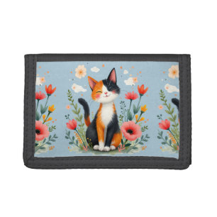 Smiling Calico Cat in Blooming Garden Tri-fold Wallet