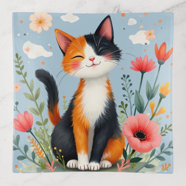 Smiling Calico Cat in Blooming Garden Trinket Tray (Front)
