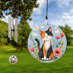 Smiling Calico Cat in Blooming Garden Wind Chime