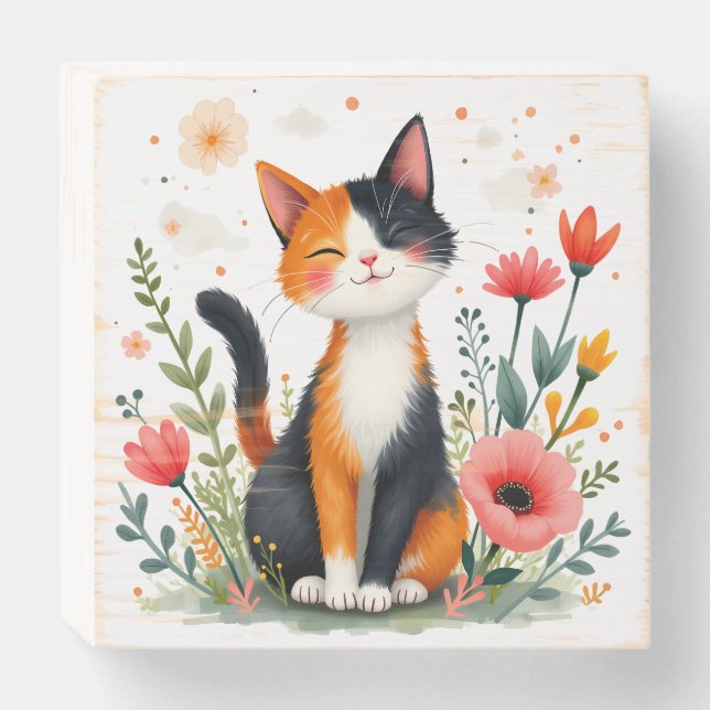 Smiling Calico Cat in Blooming Garden Wooden Box Sign (Front Horizontal)