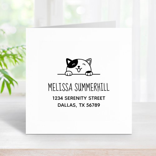 Smiling Calico Cat Peeking above Address 2 Rubber Stamp