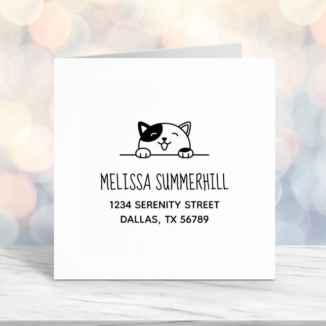Smiling Calico Cat Peeking above Address Self-inking Stamp (Creator Uploaded)
