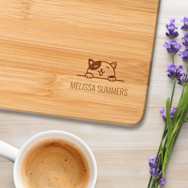 Smiling Calico Cat Peeking above Custom Name Engraved Cutting Board (Creator Uploaded)