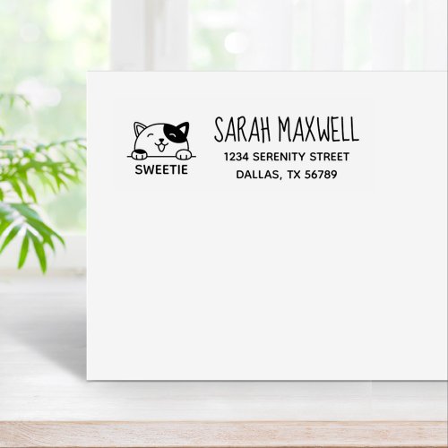 Smiling Calico Cat Pet Name Address Rubber Stamp