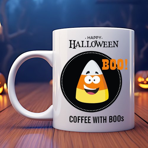 Smiling Candy Corn Coffee with Boos Halloween Coffee Mug