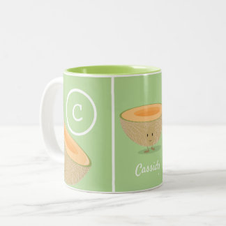 Smiling Cantaloupe Monogram Food Name Two-Tone Coffee Mug