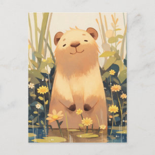 Smiling Capybara in Pond with Yellow Wildflowers Postcard