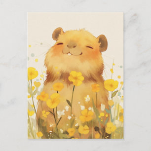 Smiling Capybara in Sunny Yellow Wildflower Meadow Postcard