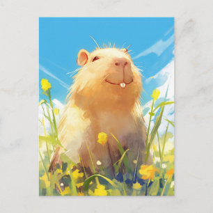 Smiling Capybara in Sunny Yellow Wildflower Meadow Postcard