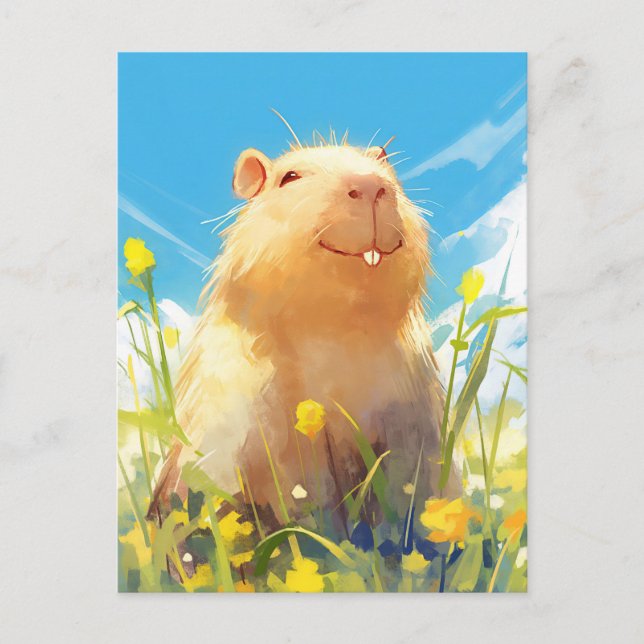 Smiling Capybara in Sunny Yellow Wildflower Meadow Postcard (Front)