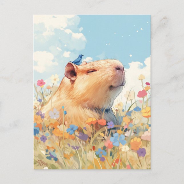 Smiling Capybara with Blue Bird in flower Meadow Postcard (Front)