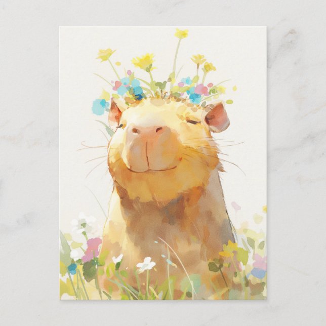 Smiling Capybara with Wildflower Crown Garden Postcard (Front)