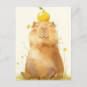 Smiling Capybara with Yuzu Fruit on Head Postcard