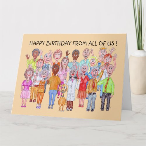 Smiling caricature people wishing happy birthday card