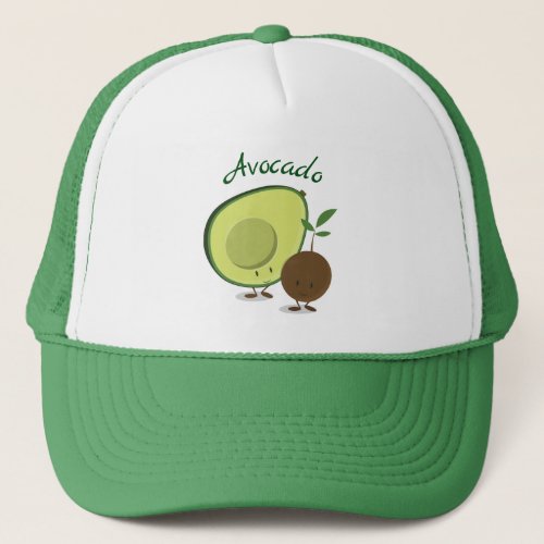 Smiling Cartoon Avocado and Avocado Pit Characters Trucker Hat