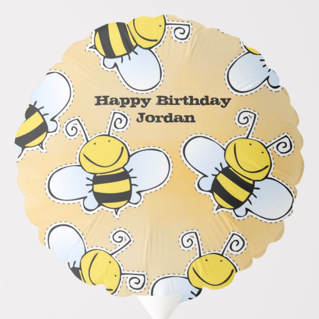Smiling Cartoon Bee Happy Birthday Name Balloon (Front)