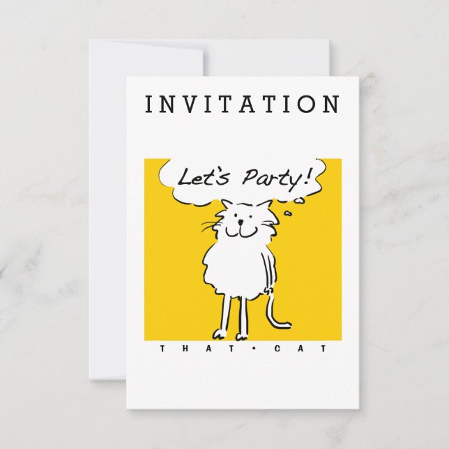 Smiling Cartoon Cat Quote Says Let's Party Invitation (Front)