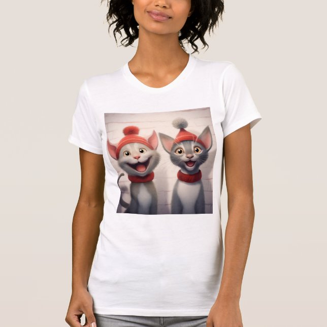 Smiling Cartoon Cats With Red Hats And Collars T-Shirt (Front)