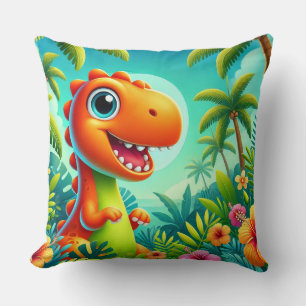 Smiling Cartoon Dinosaur in a Tropical Jungle Throw Pillow