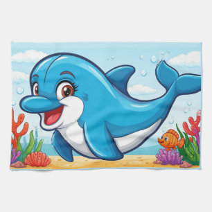 Smiling Cartoon Dolphin Swimming Kitchen Towel