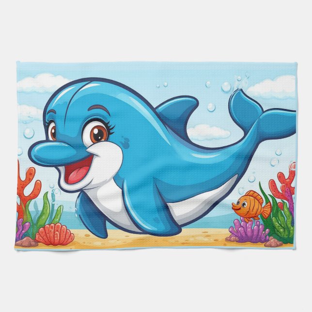 Smiling Cartoon Dolphin Swimming  Kitchen Towel (Horizontal)