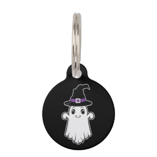 Smiling Cartoon Ghost Wearing A Witch Hat Hallowee Pet ID Tag