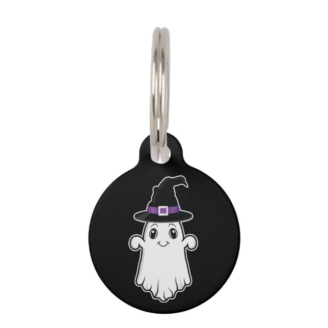 Smiling Cartoon Ghost Wearing A Witch Hat Hallowee Pet ID Tag (Front)
