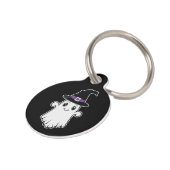Smiling Cartoon Ghost Wearing A Witch Hat Hallowee Pet ID Tag (Side)