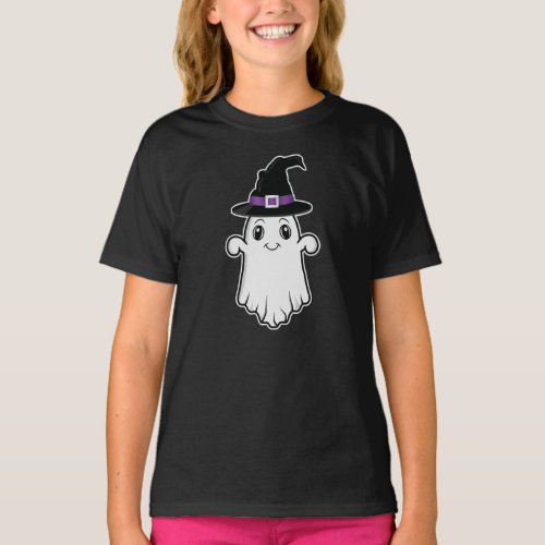Smiling Cartoon Ghost Wearing Witch Hat Halloween T_Shirt