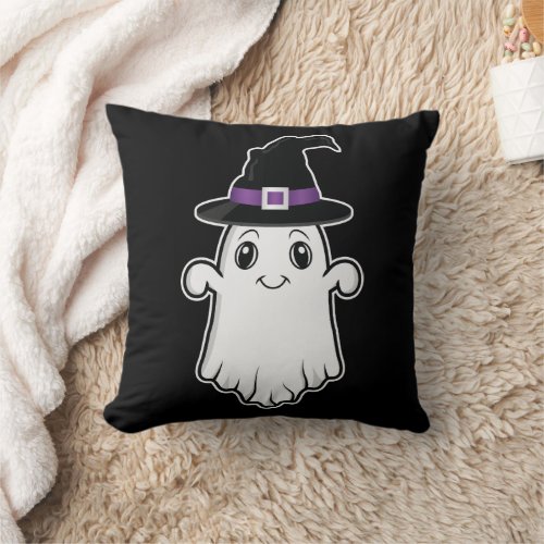 Smiling Cartoon Ghost With A Witch Hat Halloween Throw Pillow