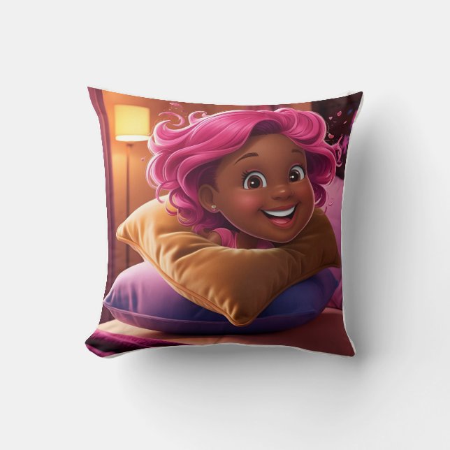 Smiling Cartoon Girl 3D Pillow: Pink Hair Throw Pillow (Front)