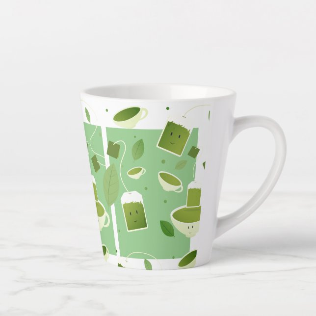 Smiling Cartoon Green Tea Teacup Bag Leaf Pattern Latte Mug (Right)