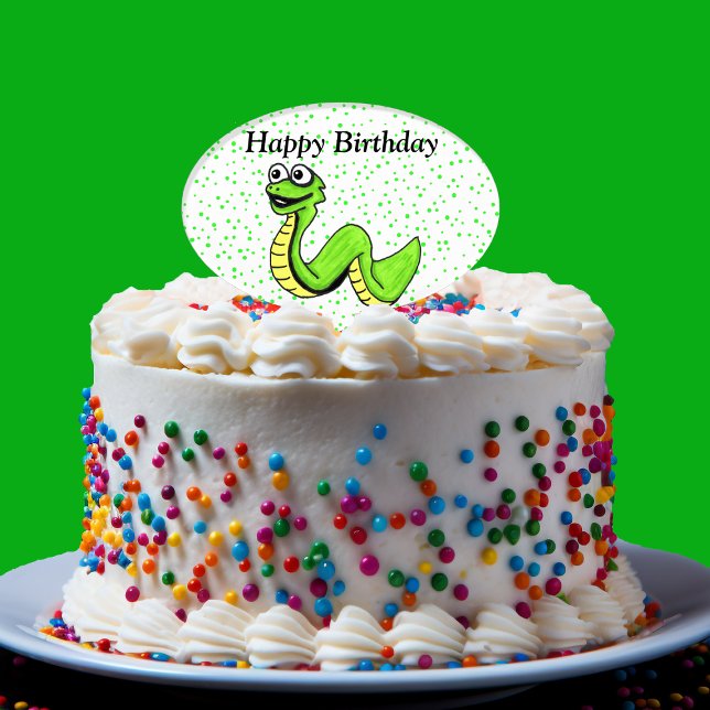 Smiling Cartoon Green Yellow Snake Happy Birthday Cake Topper (Cute Cartoon bright green yellow snake on green polka dots with white cake topper decoration.)