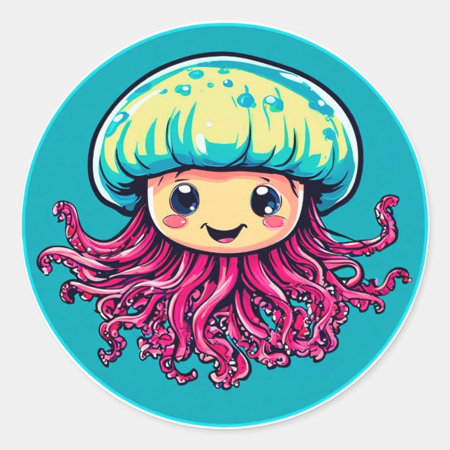 Smiling Cartoon Jellyfish Fun Underwater Gift 🌈✨ Classic Round Sticker (Front)