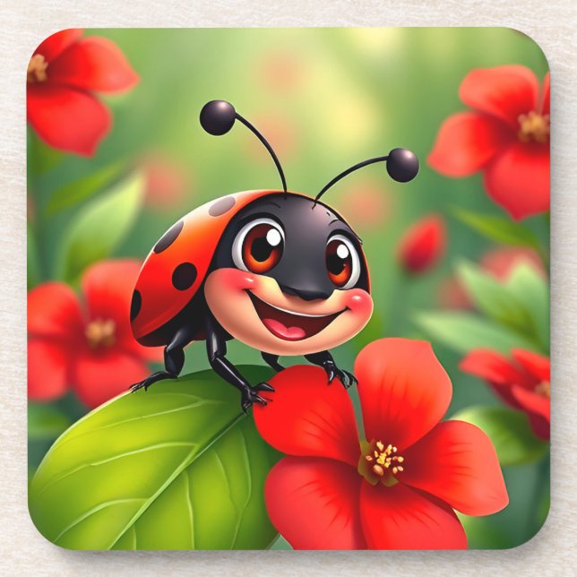 Smiling Cartoon Ladybug Sitting on Flower Beverage Coaster (Front)