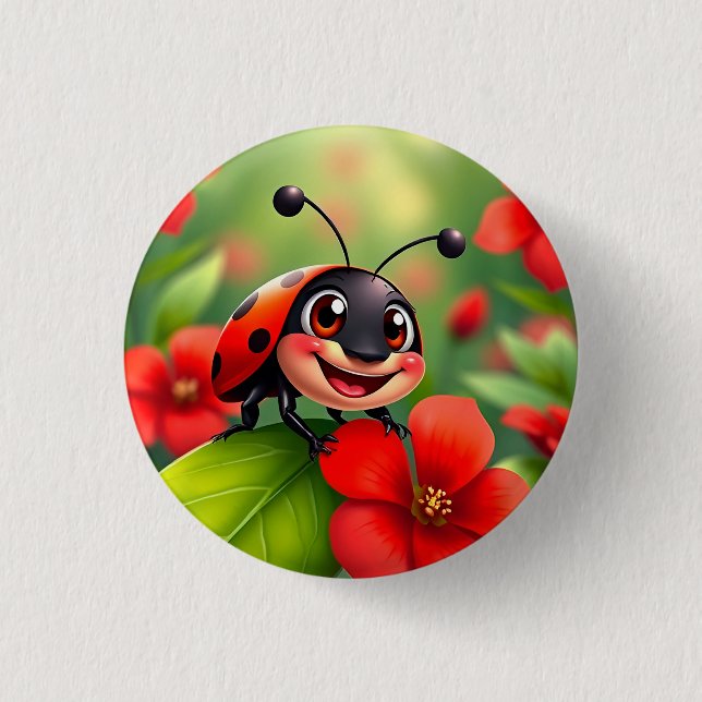 Smiling Cartoon Ladybug Sitting on Flower Button (Front)