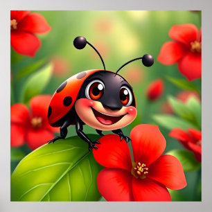 Smiling Cartoon Ladybug Sitting on Flower Poster