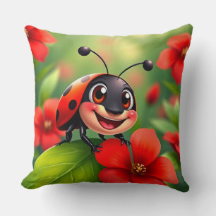 Smiling Cartoon Ladybug Sitting on Flower Throw Pillow