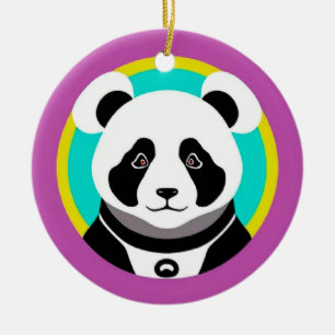 Smiling Cartoon Panda Bear in a Circle Ceramic Ornament