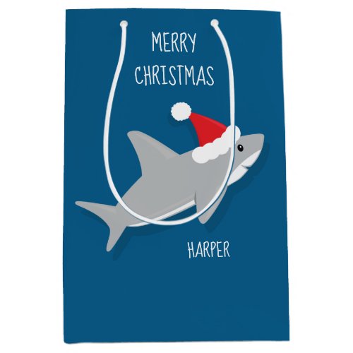 Smiling Cartoon Shark in Santa Hat Gift Bag