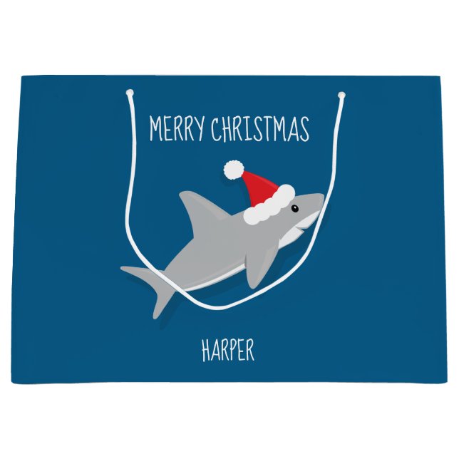 Smiling Cartoon Shark Santa Hat Animal Christmas Large Gift Bag (Front)