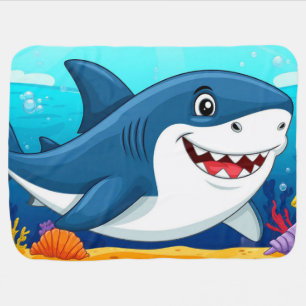 Smiling Cartoon Shark Swimming Underwater Baby Blanket