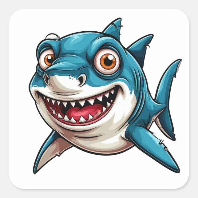 Smiling Cartoon Shark Swimming Underwater Square Sticker (Front)