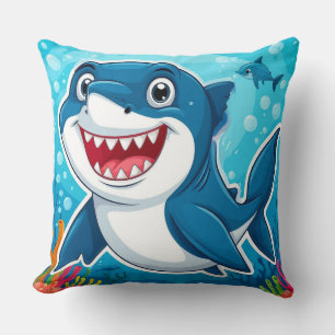 Smiling Cartoon Shark Swimming Underwater Throw Pillow