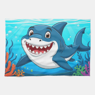 Smiling Cartoon Shark Underwater Ocean Sea Life Kitchen Towel