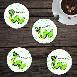 Smiling Cartoon Snake Neon Green on Dots Coaster Set