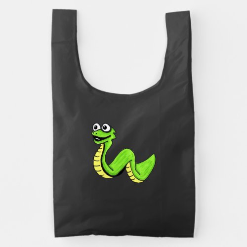 Smiling Cartoon Snake Vibrant Green Big White Eyes Reusable Bag