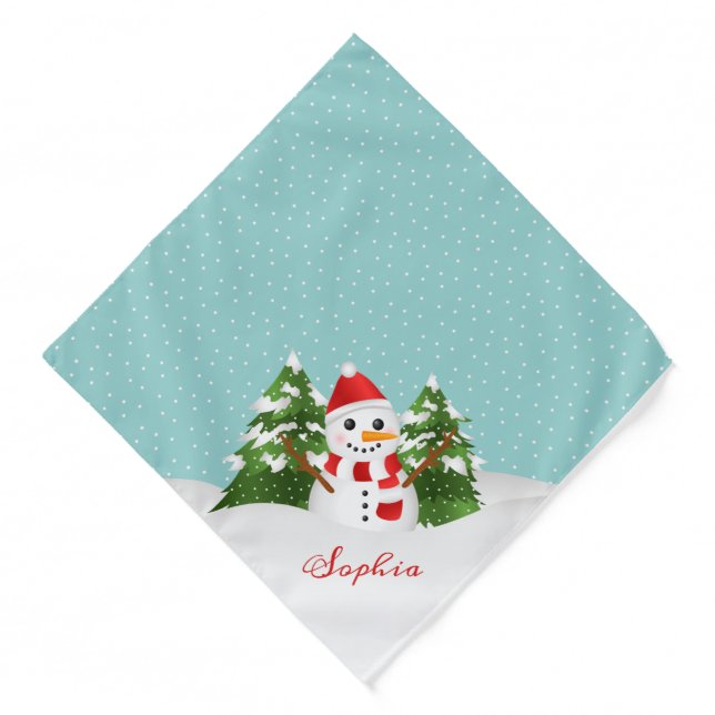 Smiling Cartoon Snowman & Custom Name Christmas Bandana (Front)