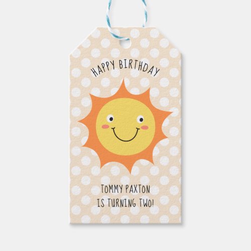 Smiling Cartoon Sun Birthday Party Gold Gift Tags