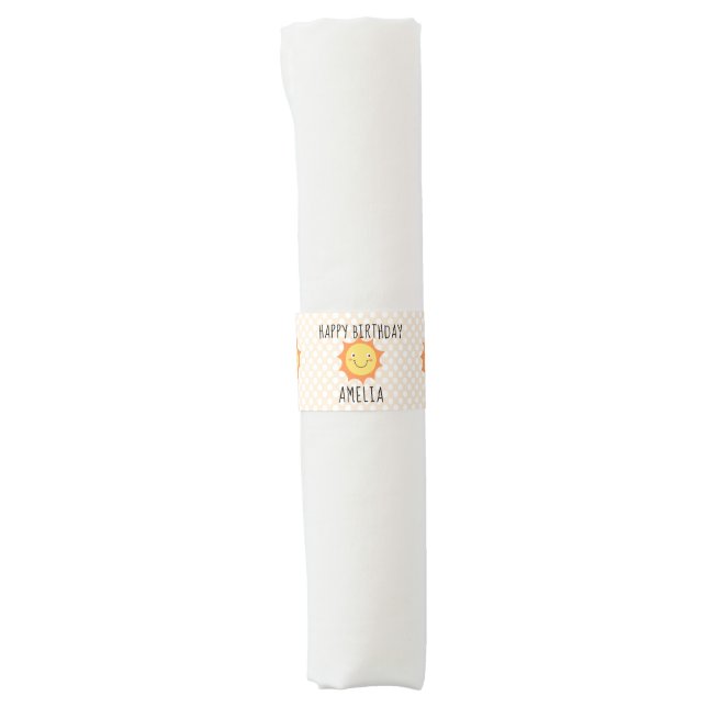 Smiling Cartoon Sun Gold Happy Birthday Napkin Bands (Front)